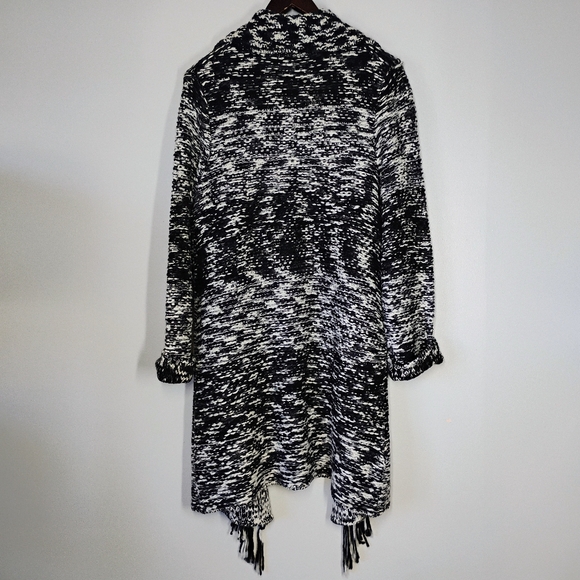 Kate & Mallory Knit Fringe Cardigan Sweater Womens Large Black White Open Boho - Picture 4 of 10
